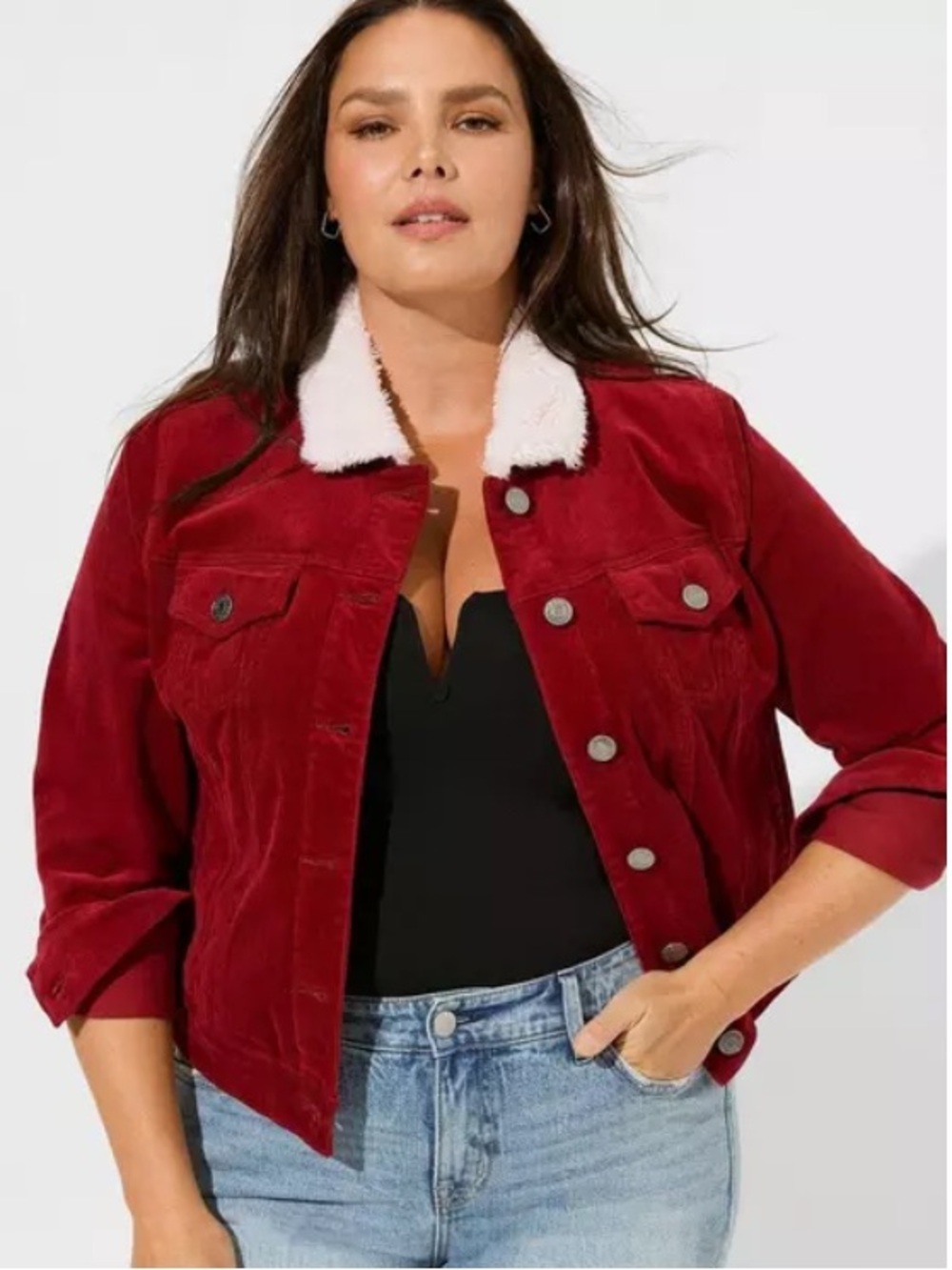 Torrid 2X Burgundy Red Corduroy Sherpa Teddy Collar Trucker Jacket Plus Size